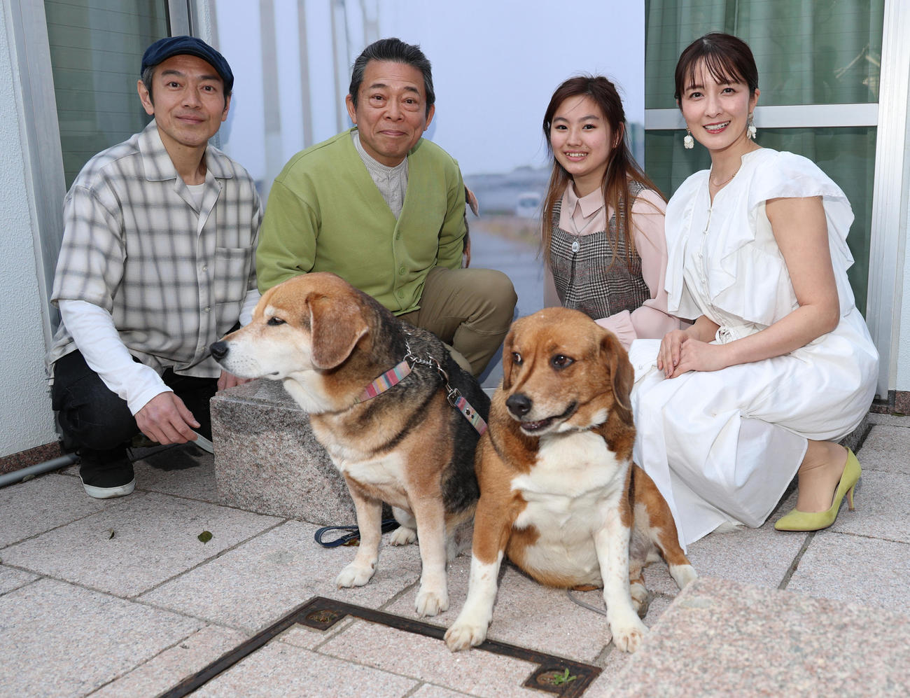 映画「石岡タロー」で保護犬タロー役を演じたダイ（左）とチャピを囲んで記念撮影する、左から菊池均也、山口良一、青木日菜、松木里菜（撮影・中島郁夫）