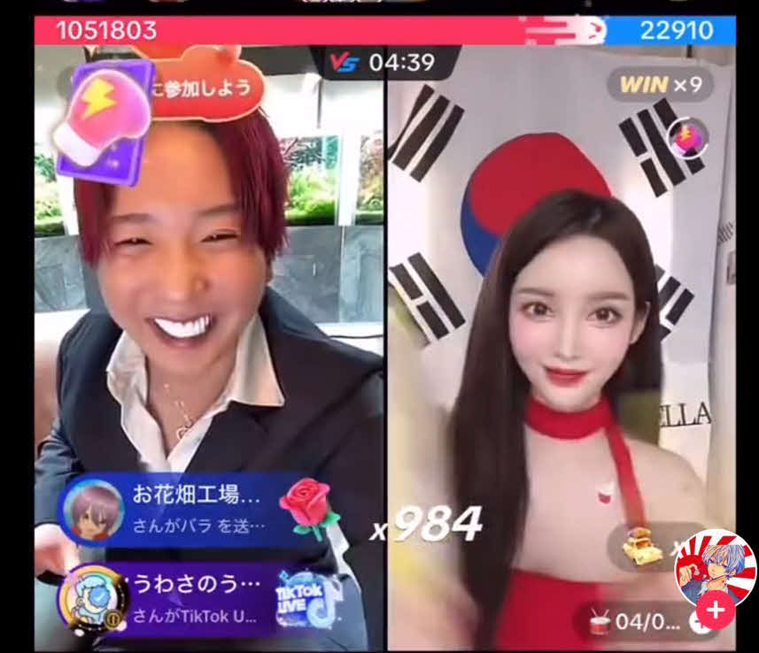 韓国出身のメークアップアーティストで人気女性インフルエンサーのElla（右）とTikTokで配信バトルを行う超無課金こと石田拳智氏