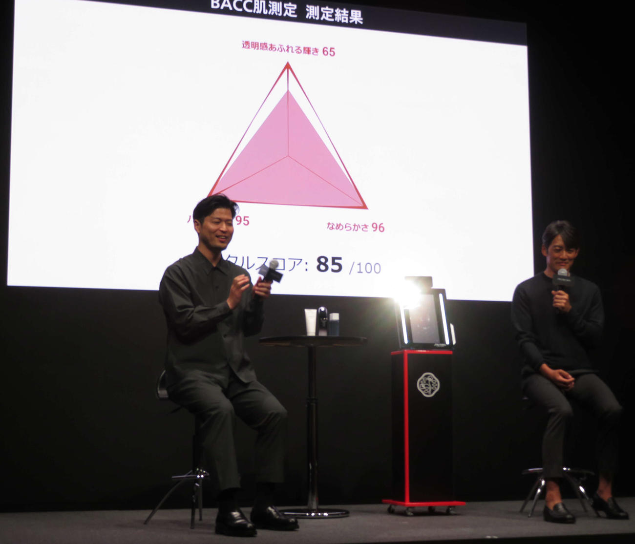 資生堂「SHISEIDO MEN」美容カウンセリングイベントで、登壇直前の肌測定の好結果に笑みを浮かべる反町隆史（撮影・村上幸将）