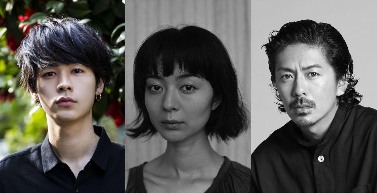 映画「雨の中の慾情」に出演する、左から成田凌、中村映里子、森田剛
