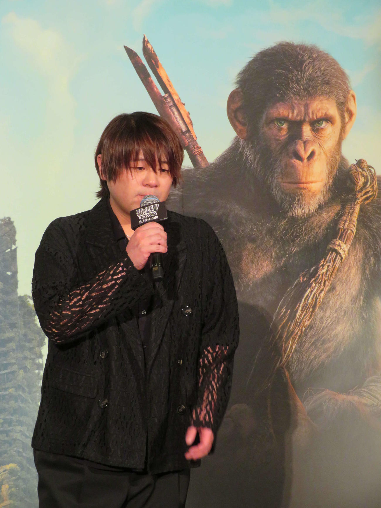 「猿の惑星／キングダム」ジャパンプレミアで生演技を披露する松岡禎丞（撮影・村上幸将）