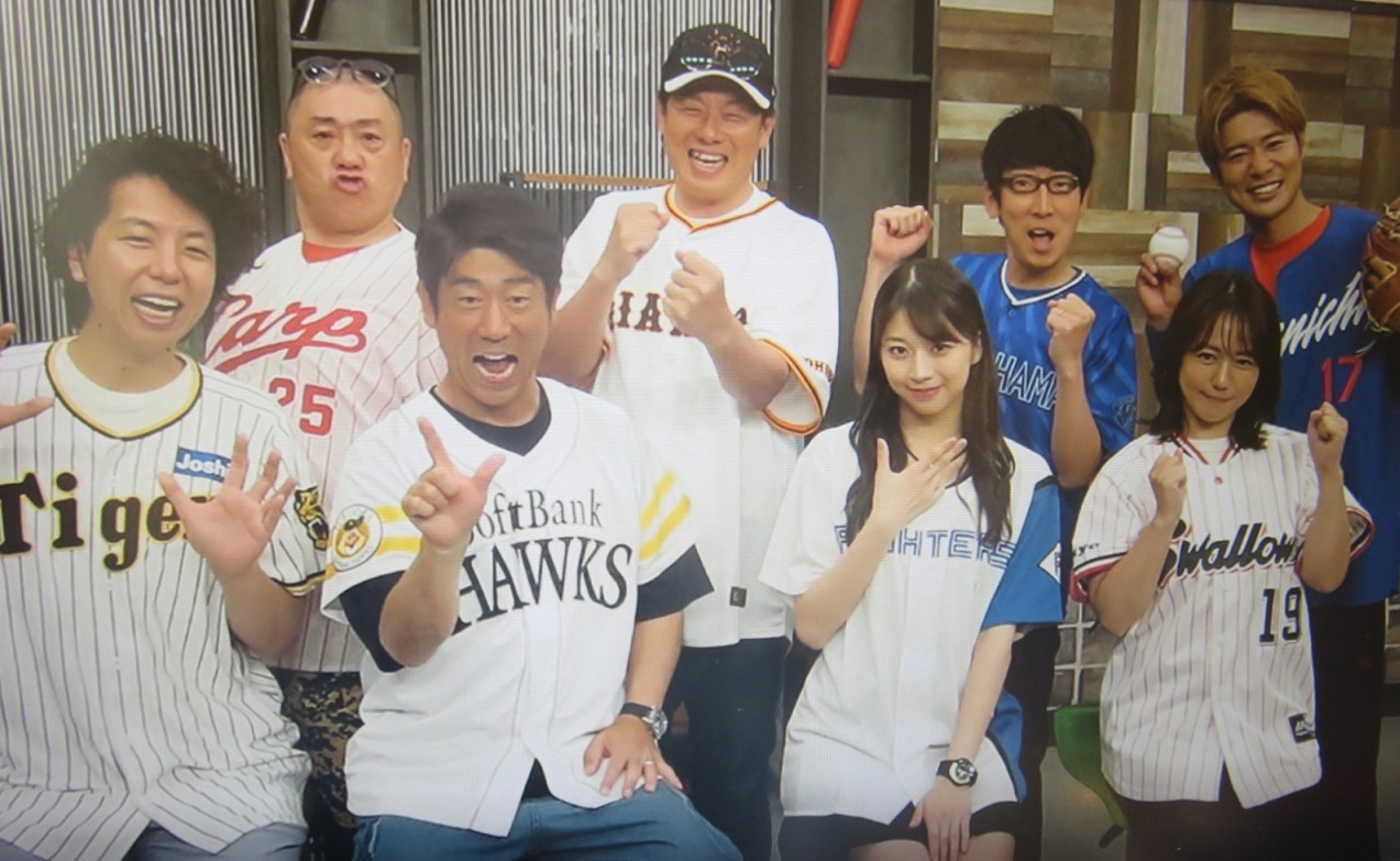 「スカパー！プロ野球12球団応援プロジェクト」の出演者たち。前列左から辻、原口あきまさ、牧野真莉愛、磯山さやか、後列左から山本圭壱、レッド吉田、吉川正洋、辻本樟太郎