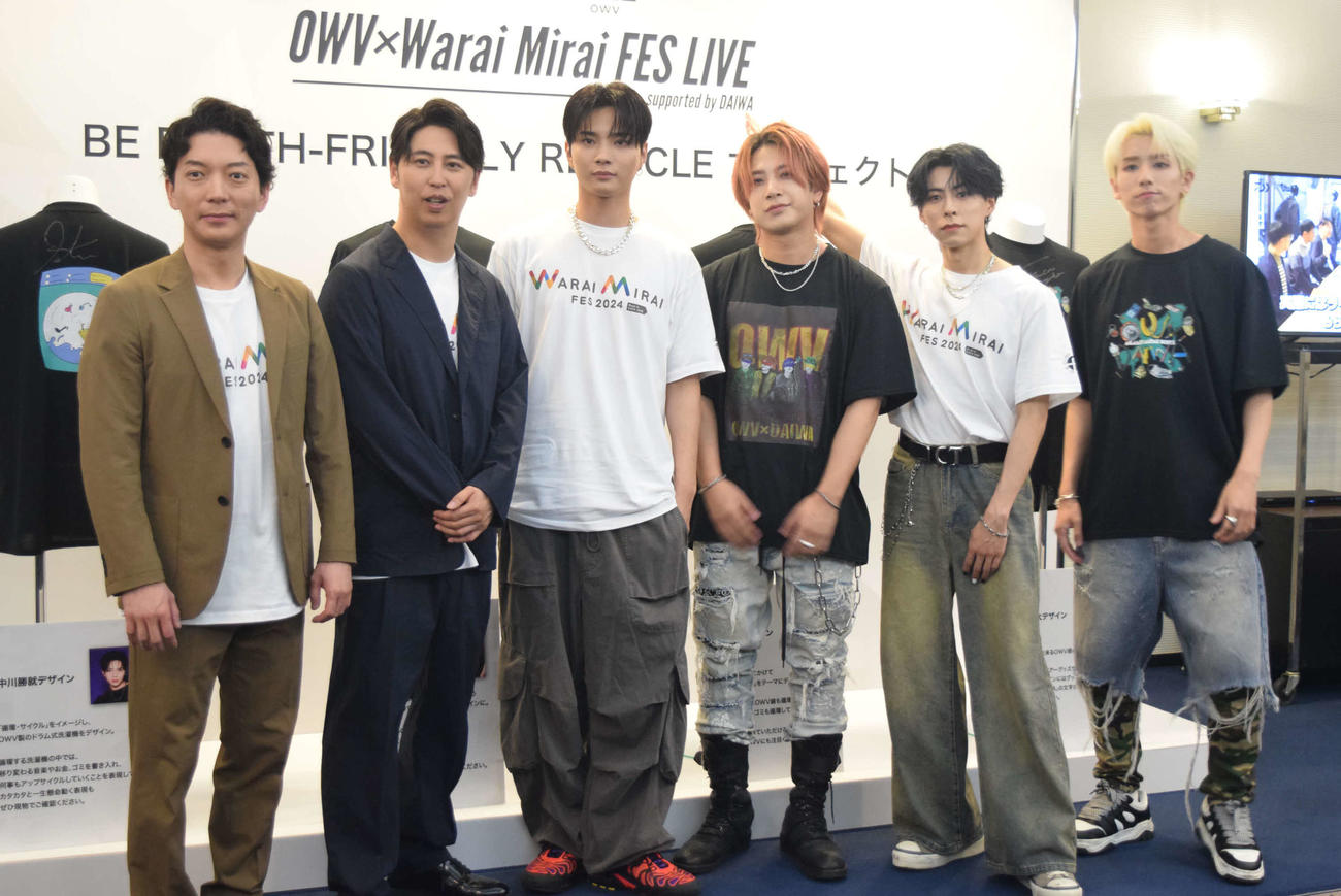 左から）ニューヨーク嶋佐和也、屋敷裕政、OWV中川勝就、本田康祐、佐野文哉、浦野秀太（撮影・阪口孝志）
