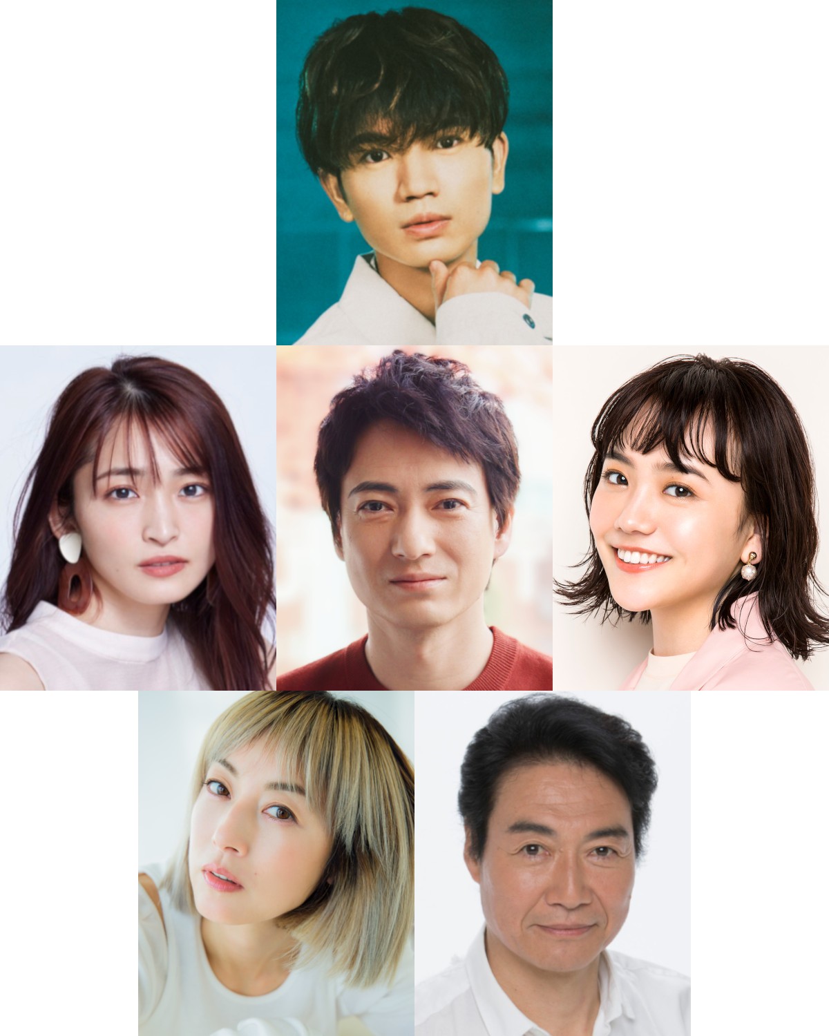 舞台「Come Blow Your Horn」に主演するSixTONES高地優吾（上段）。中段左から岡本玲、忍成修吾、松井愛莉。下段左から高岡早紀、羽場裕一