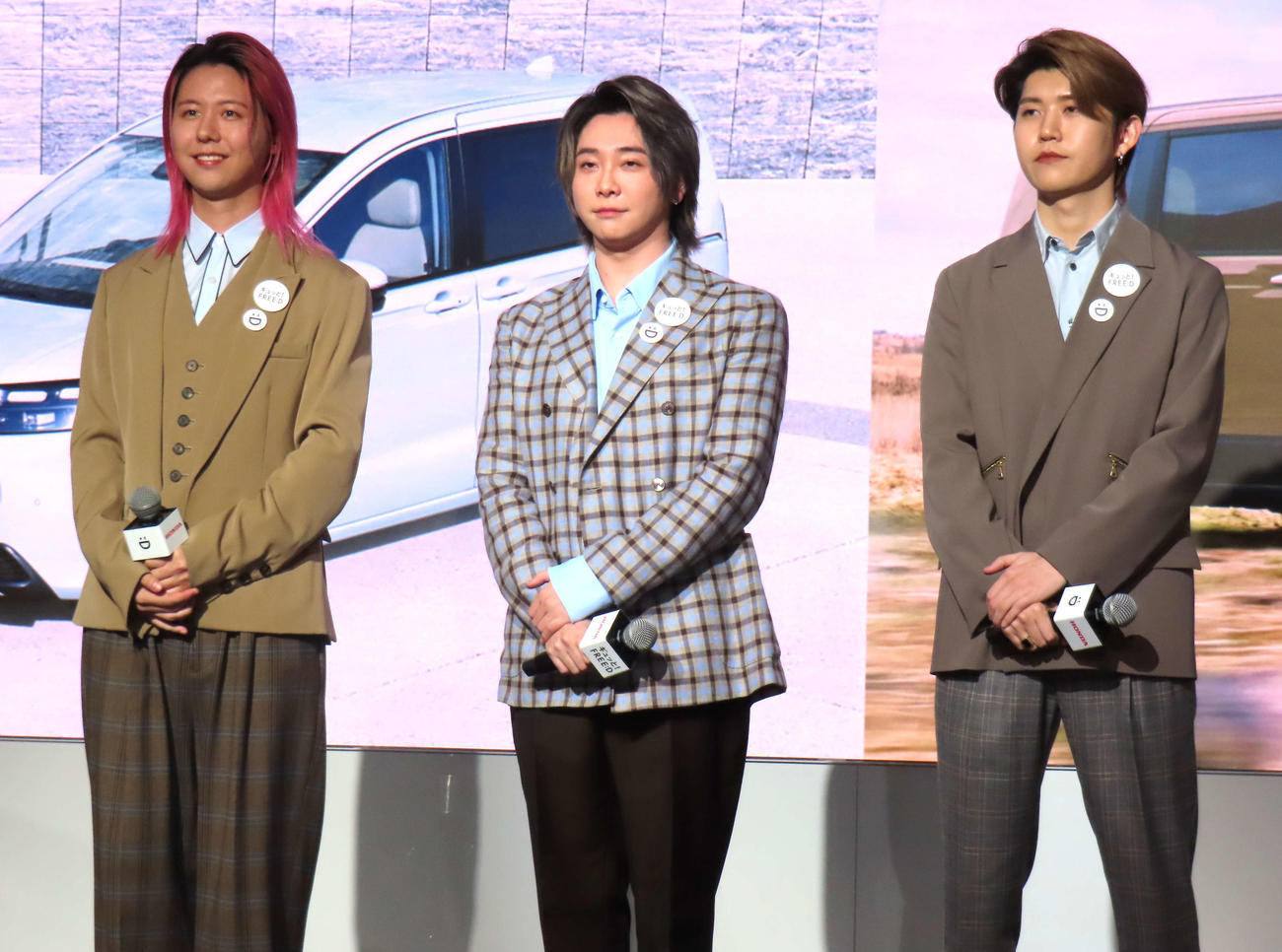 「Honda　新型FREED　新CM発表会」に登壇したMrs．GREEN APPLE。左から藤澤涼架、大森元貴、若井滉斗