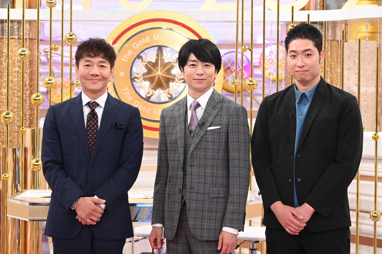 日本テレビ系パリ五輪番組のメインキャスターを務める櫻井翔（中央）、スペシャルサポーターの上田晋也（左）、アスリートキャスターの萩野公介氏