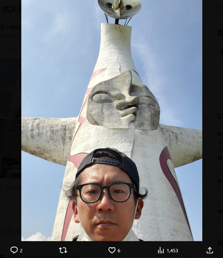 亡くなったマンホルモンの秦野隆光さんのＸ（旧ツイッターから）。6月17日には「はたの、ひとり旅に出たってよin大阪」とポスト。大阪での写真をアップしていた