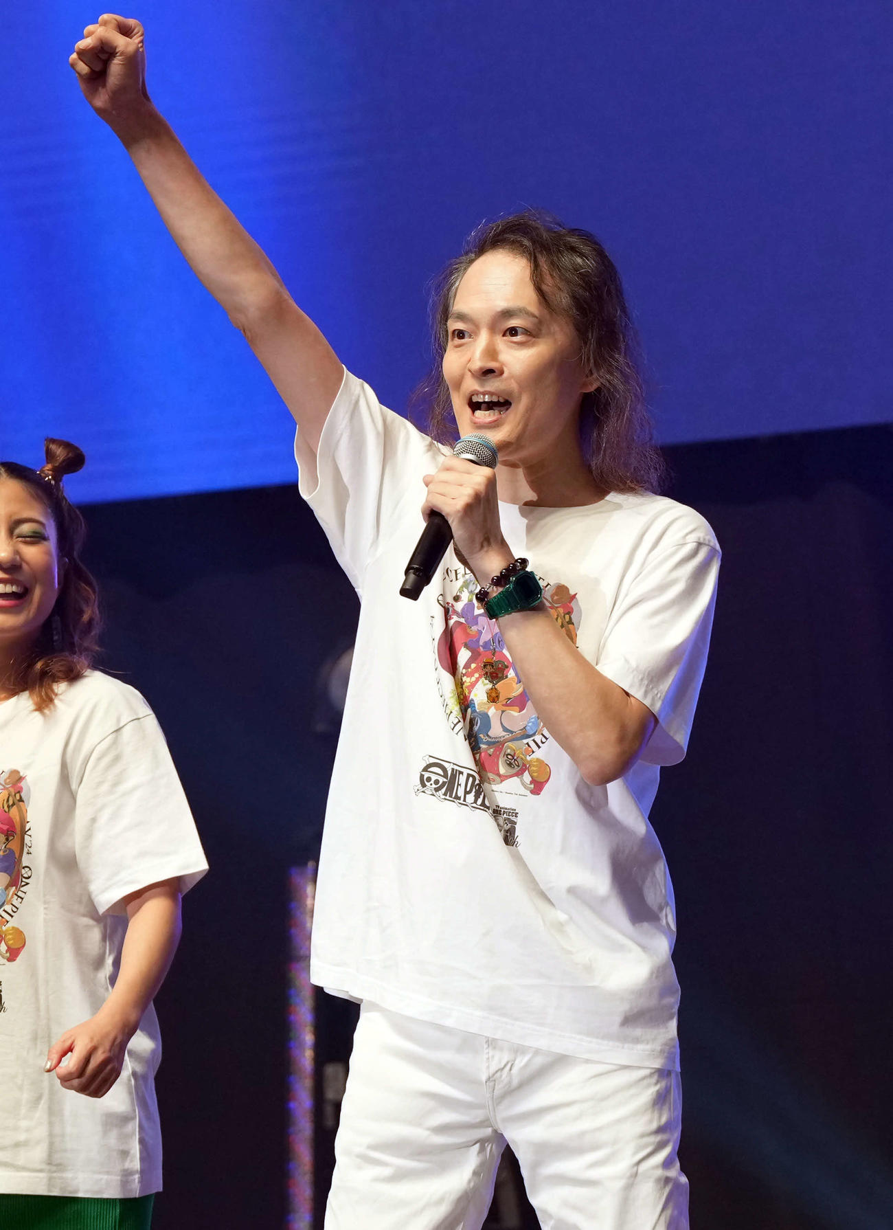 ステージに登壇したベガパンク声優陣。ピタゴラス役の川島得愛（撮影・たえ見朱実）