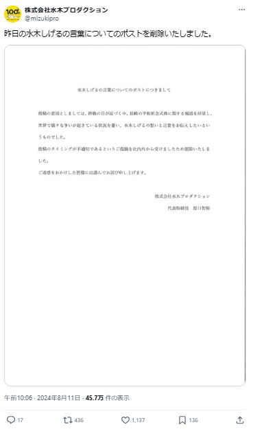 水木プロダクションのXから