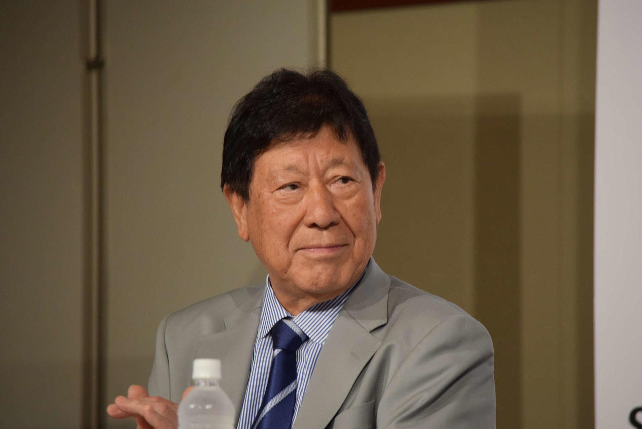 俳優オーディション開催発表会見に出席した山本又一朗・トライストーン・エンタテイメント会長（撮影・阪口孝志）