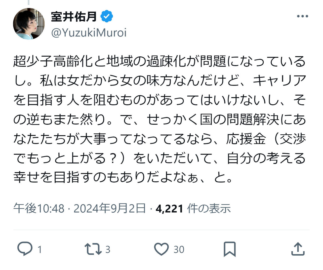 室井佑月氏のXから