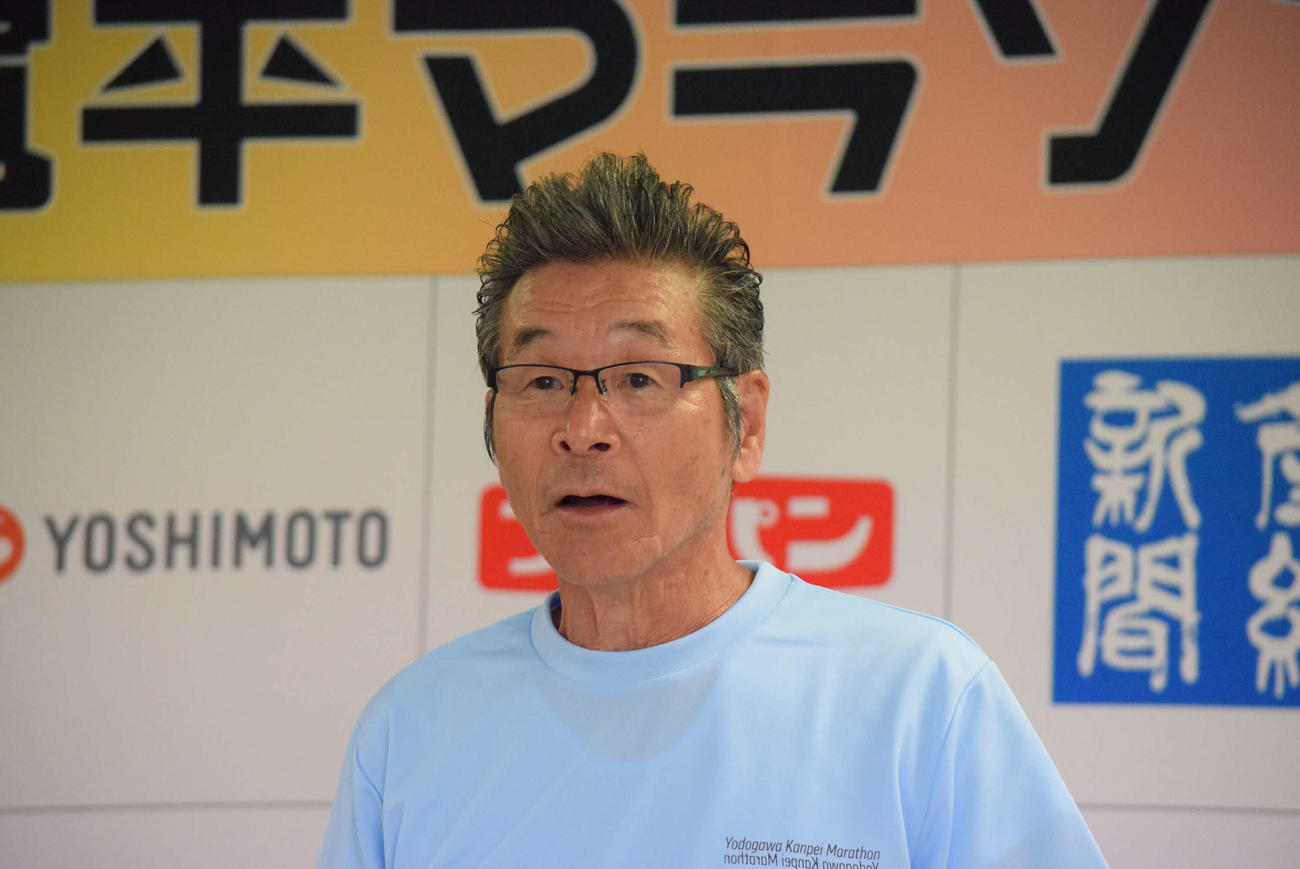 「淀川寛平マラソン2024」への意気込みを語った間寛平（撮影・阪口孝志）