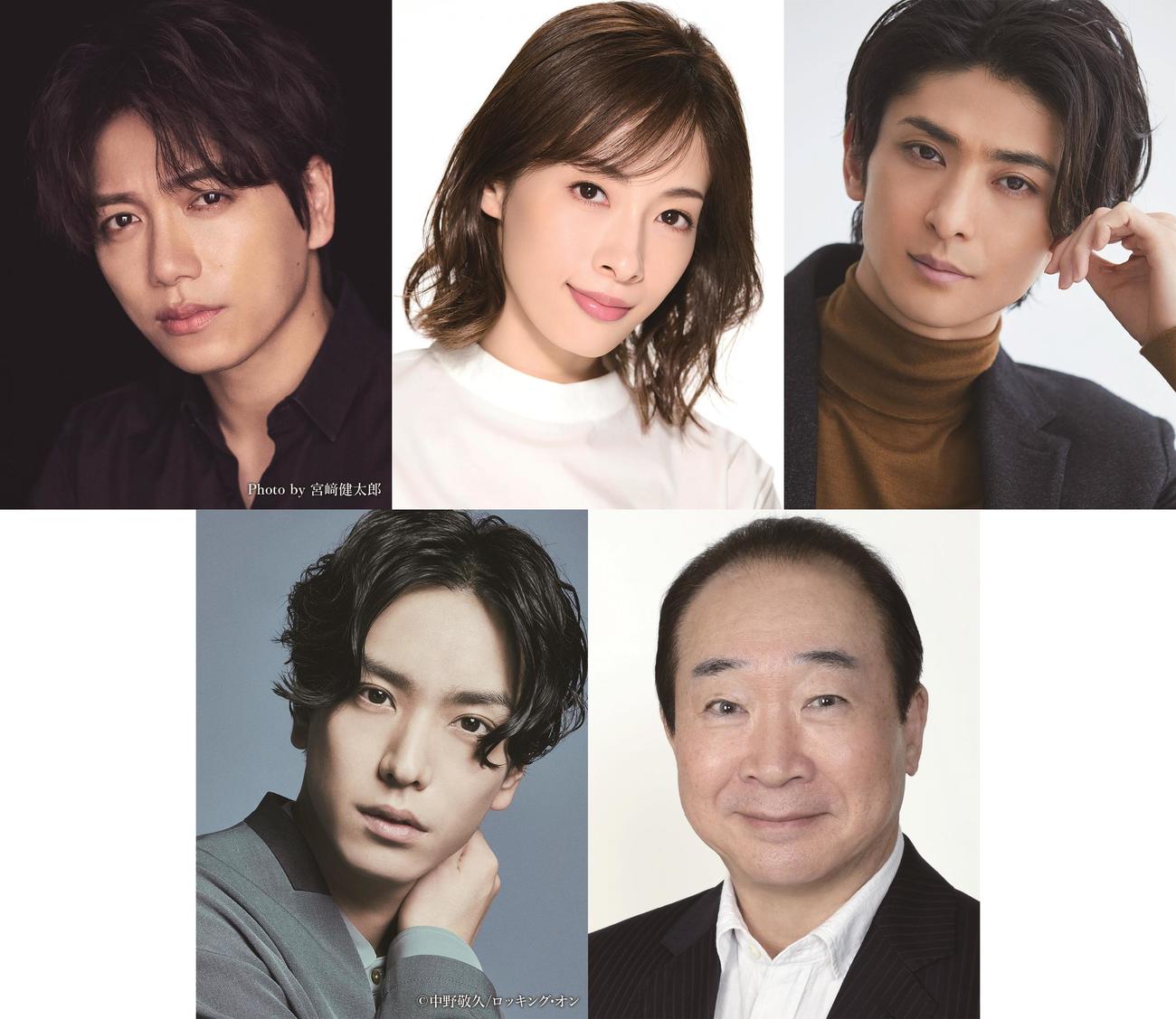 ミュージカル「昭和元禄落語心中」に出演する、上段左から山崎育三郎、明日海りお、古川雄大、下段左から黒羽麻璃央、中村梅雀