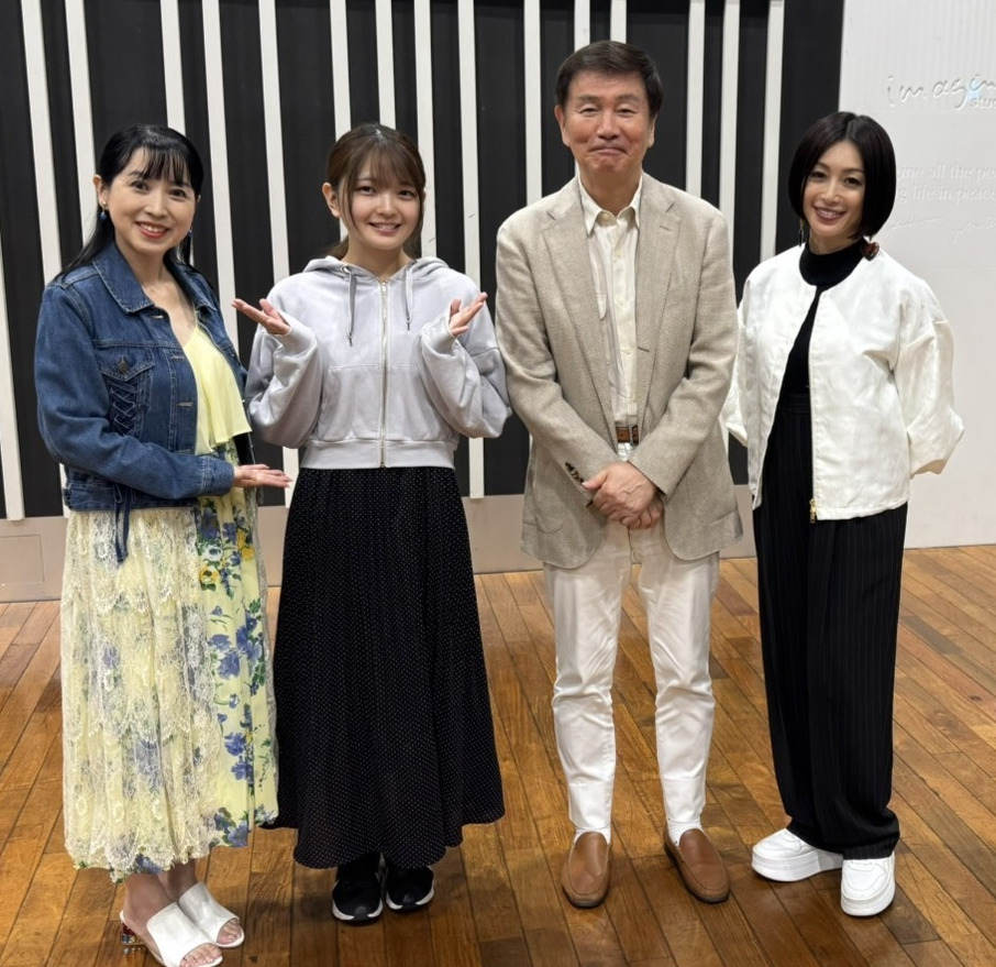 収録に参加した、左から西村知美、福留光帆、森田健作、酒井法子