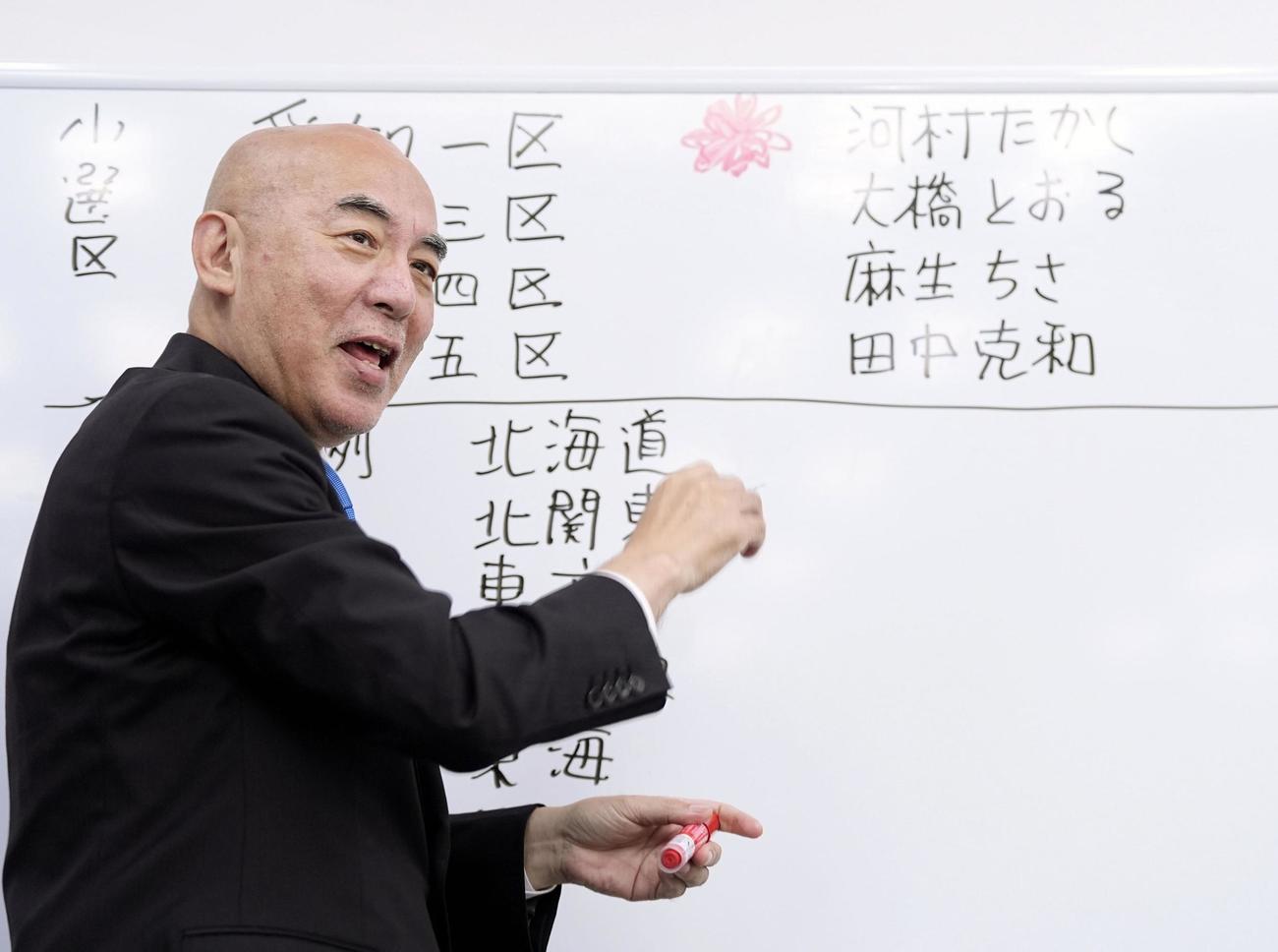 当確者の名前に花を書く日本保守党の百田代表（共同）