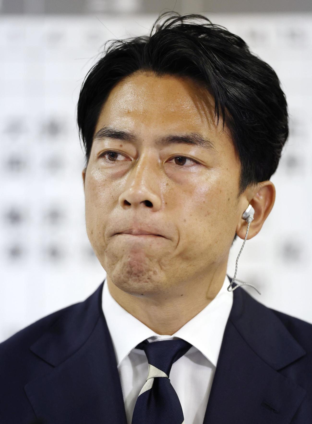 メディアのインタビューで厳しい表情を見せる自民党の小泉選対委員長（共同）