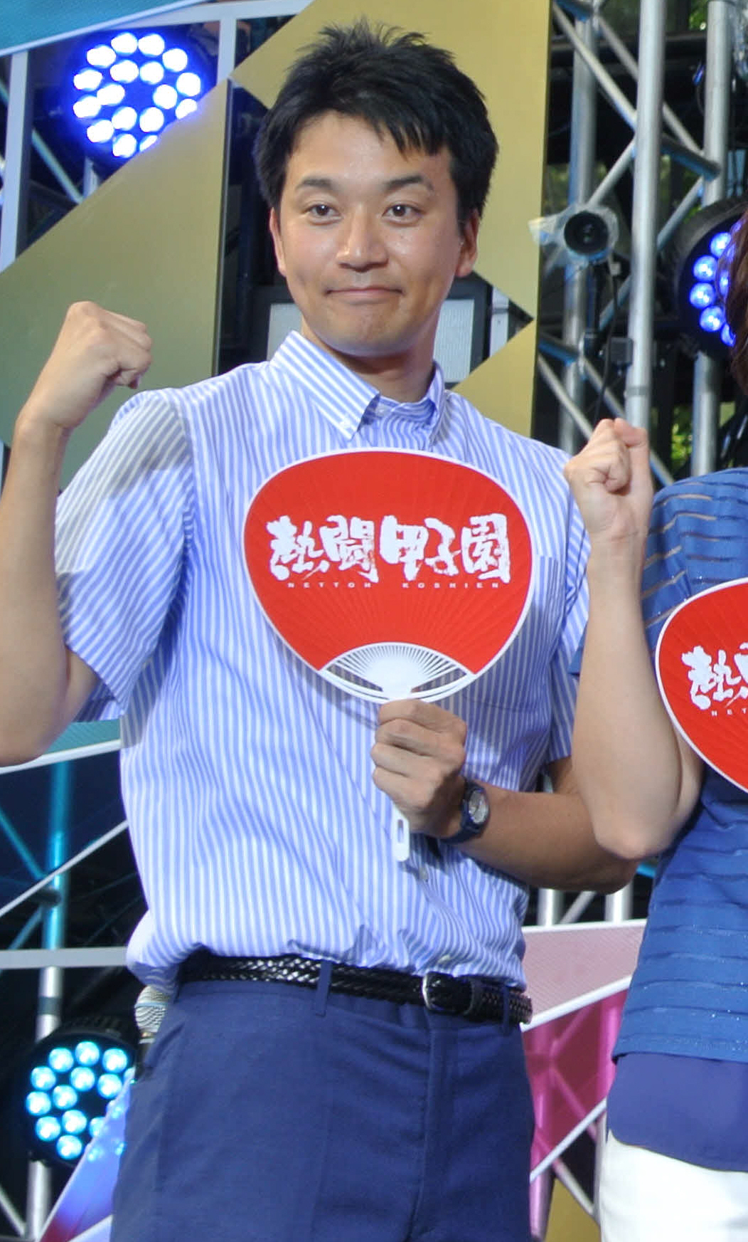 熱闘甲子園のイベントに参加したテレビ朝日の三上大樹アナウンサー＝2014年8月7日、六本木ヒルズアリーナ