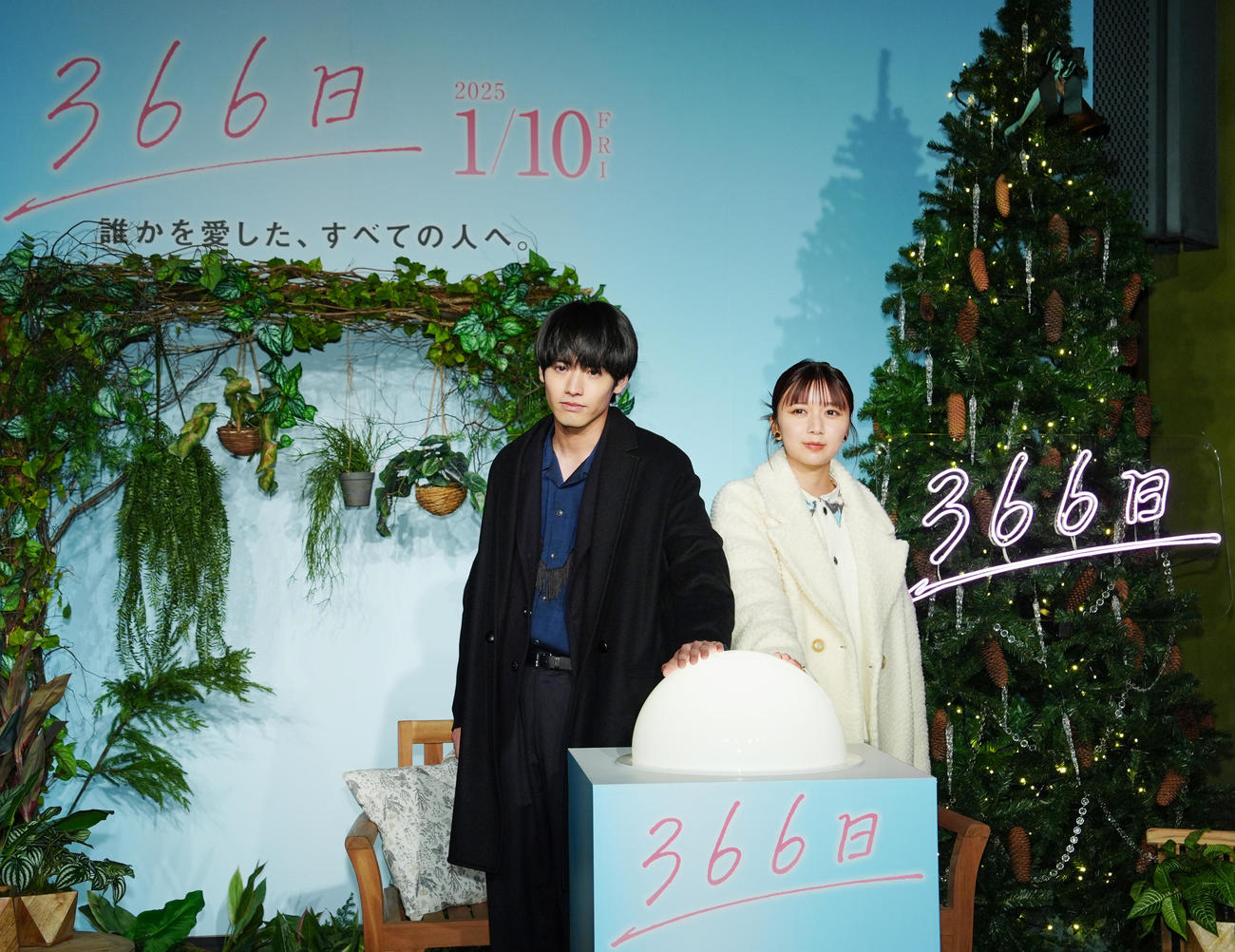 映画「366日」クリスマスツリー点灯式に臨む赤楚衛二（左）と上白石萌歌（撮影・江口和貴）