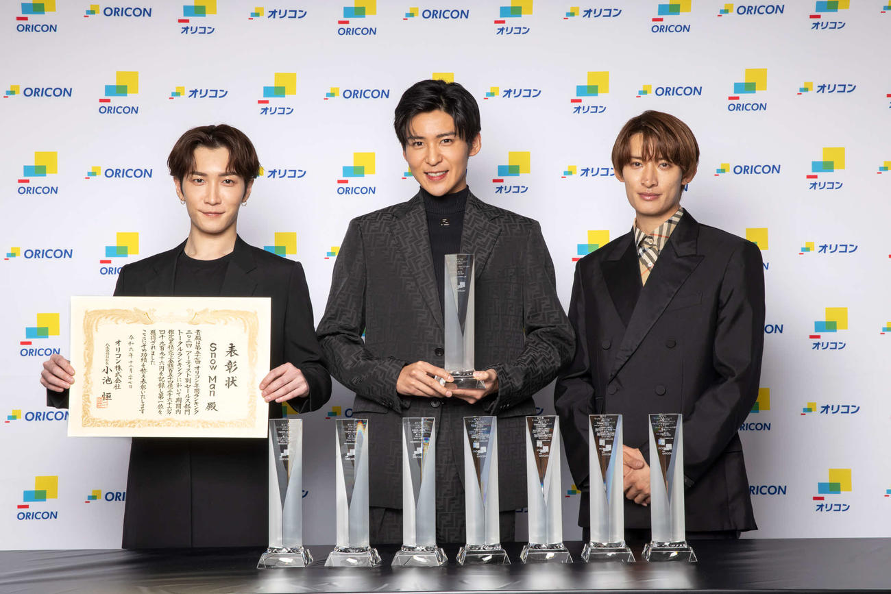 オリコン年間ランキングの「アーティスト別セールス部門」のトータルランキングで初の1位に輝いたSnow Man。左から渡辺翔太、目黒蓮、向井康二