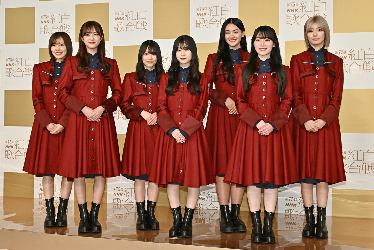 記念撮影する櫻坂46。左から松田里奈、田村保乃、森田ひかる、山下瞳月、山■（■は崎の大が立の下の横棒なし）天、守屋麗奈、藤吉夏鈴（撮影・滝沢徹郎）