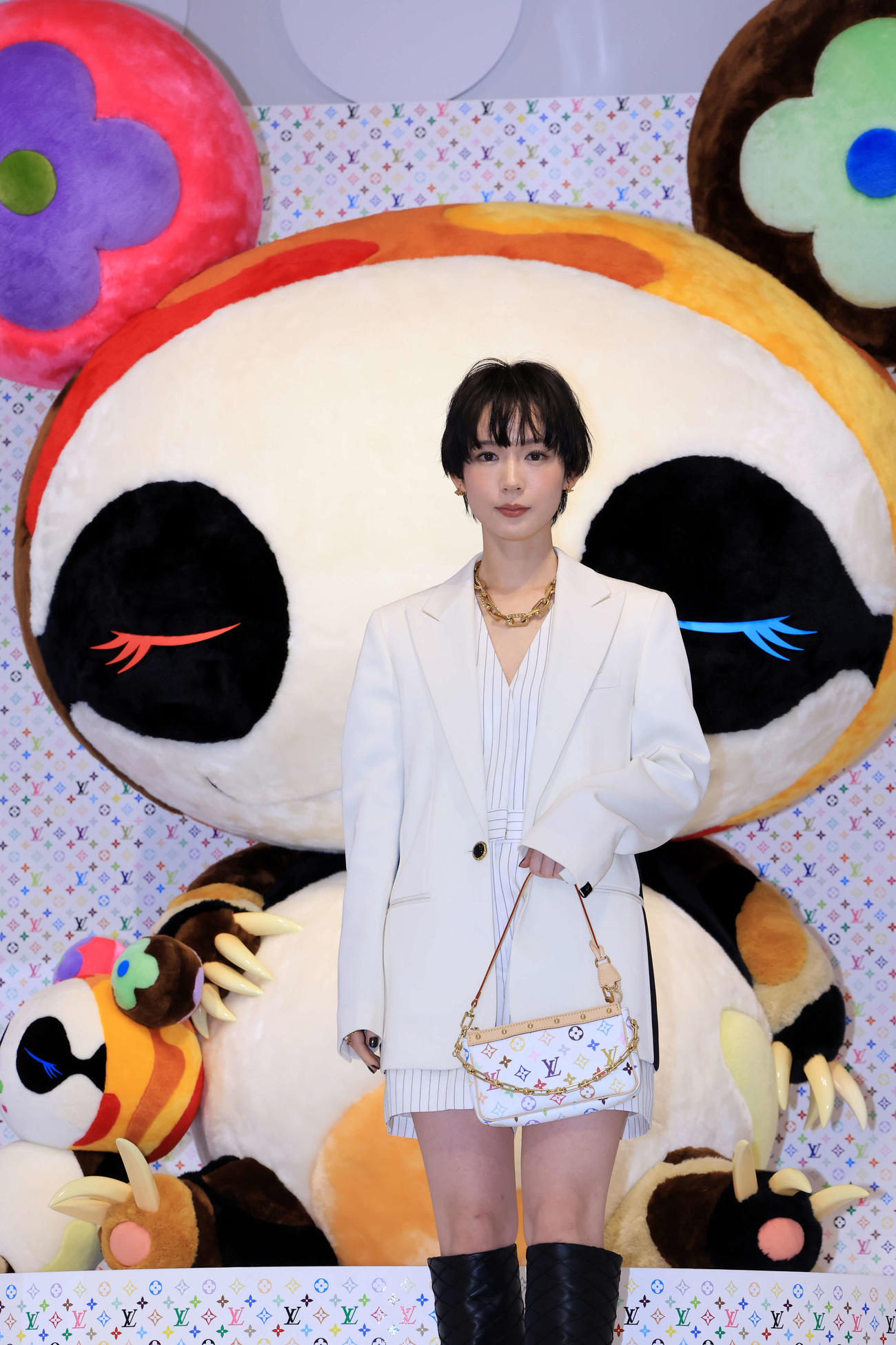 「LOUIS VUITTON×MURAKAMI」のフォトコールに登場した穂志もえか（撮影・浅見桂子）