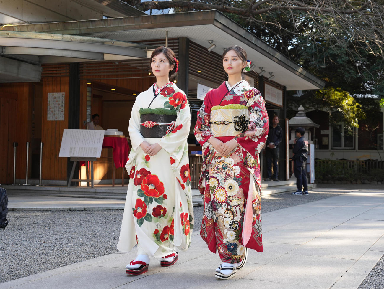 参拝に向かう乃木坂46の筒井あやめ（左）と井上和（撮影・鈴木みどり）