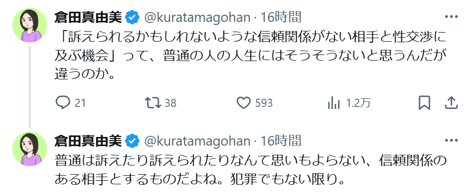 倉田真由美氏のXから