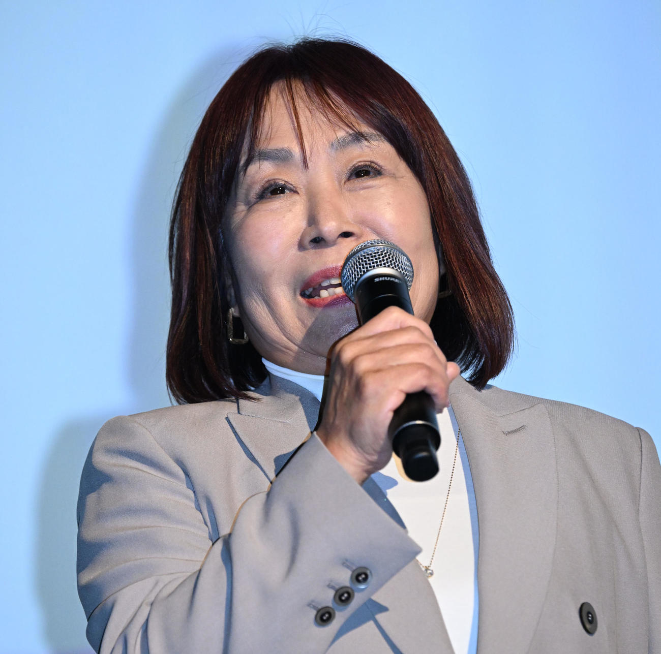 東映ラインナップ発表会であいさつする「Chao」の田中栄子プロデューサー（撮影・千葉一成）