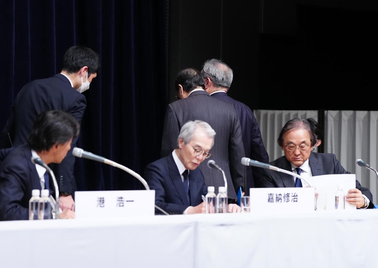 フジテレビの記者会見開始から約6時間経過する前、休憩となる（撮影・江口和貴）