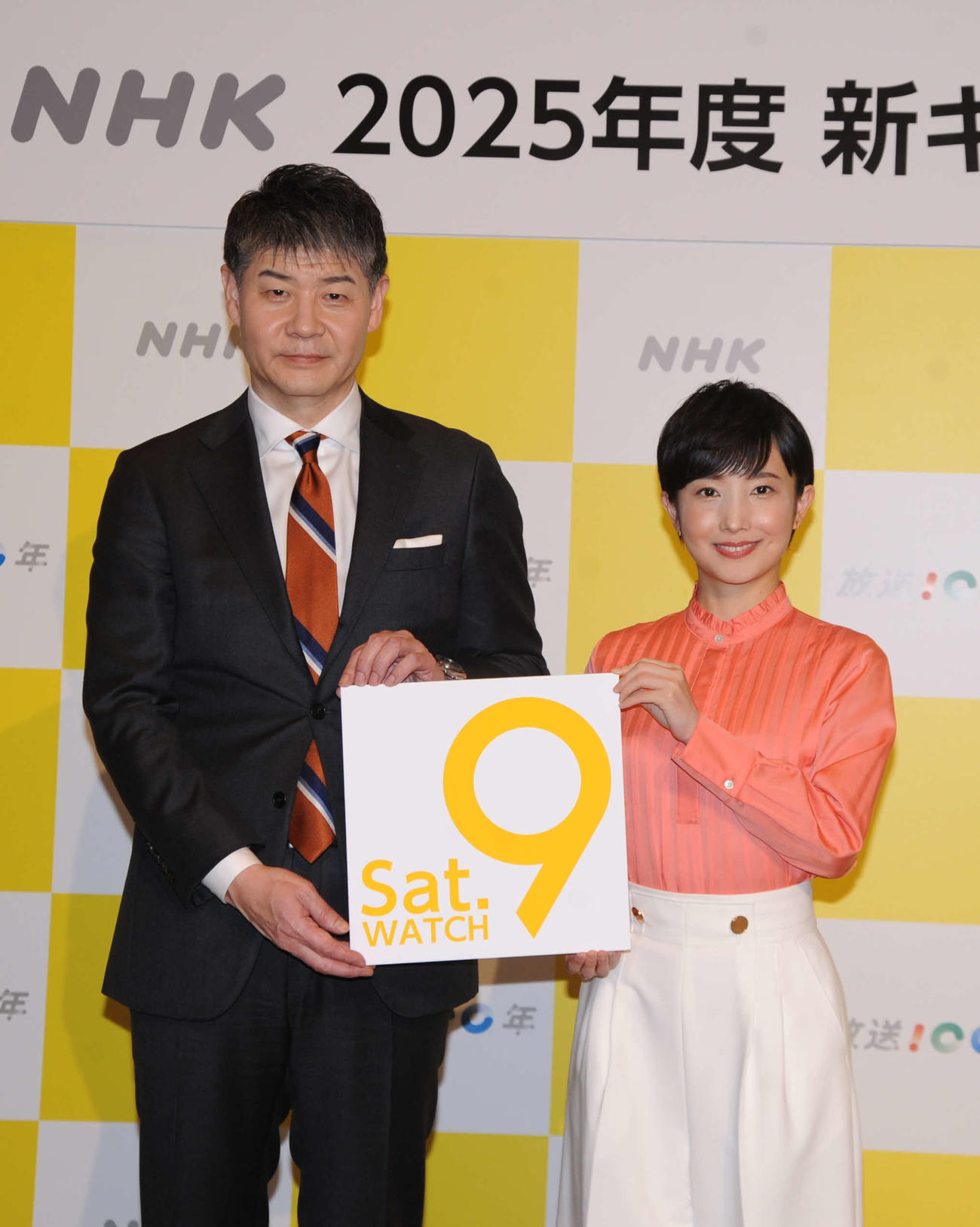 2025年度番組改定の詳細を発表で会見に登壇した林田理沙アナ（右）と山下毅キャスター（撮影・松尾幸之介）