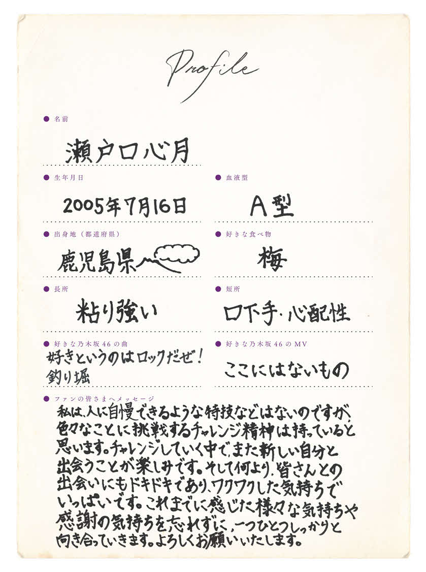 乃木坂46に新加入した6期生・瀬戸口心月の手書きプロフィル