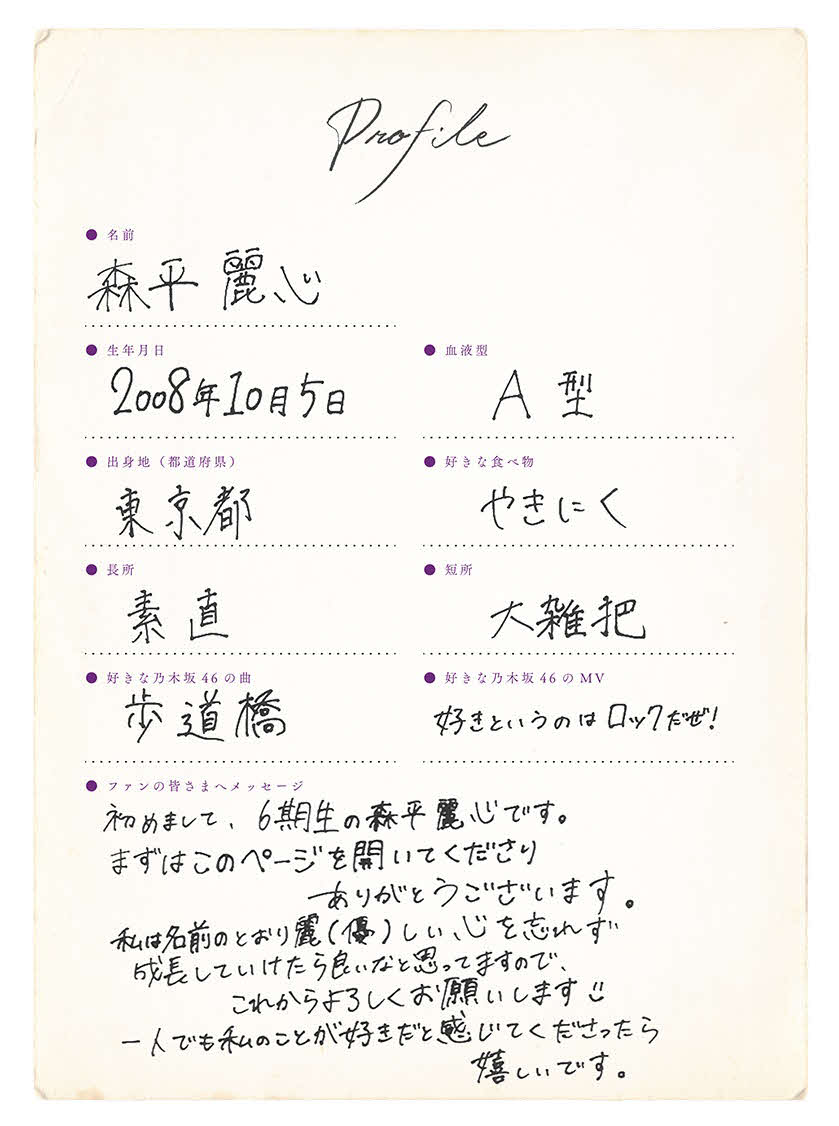 乃木坂46に新加入した6期生・森平麗心の手書きプロフィル