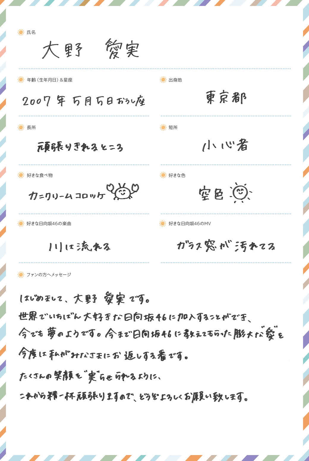 日向坂46に新加入した五期生、大野愛実の手書きプロフィル
