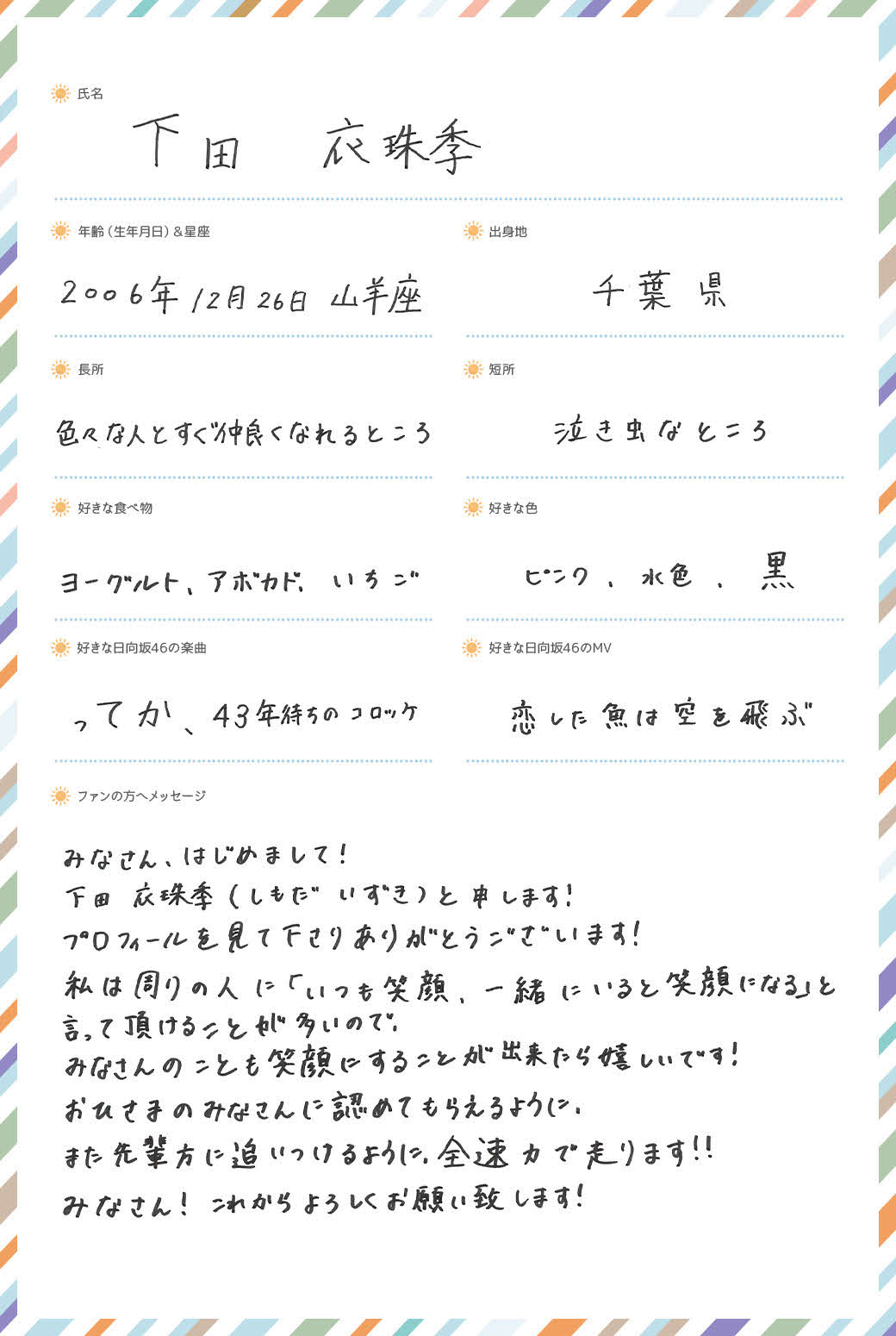 日向坂46に新加入した五期生、下田衣珠季の手書きプロフィル