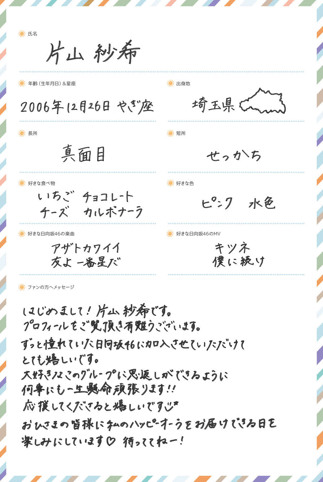 日向坂46に新加入した五期生、片山紗希の手書きプロフィル