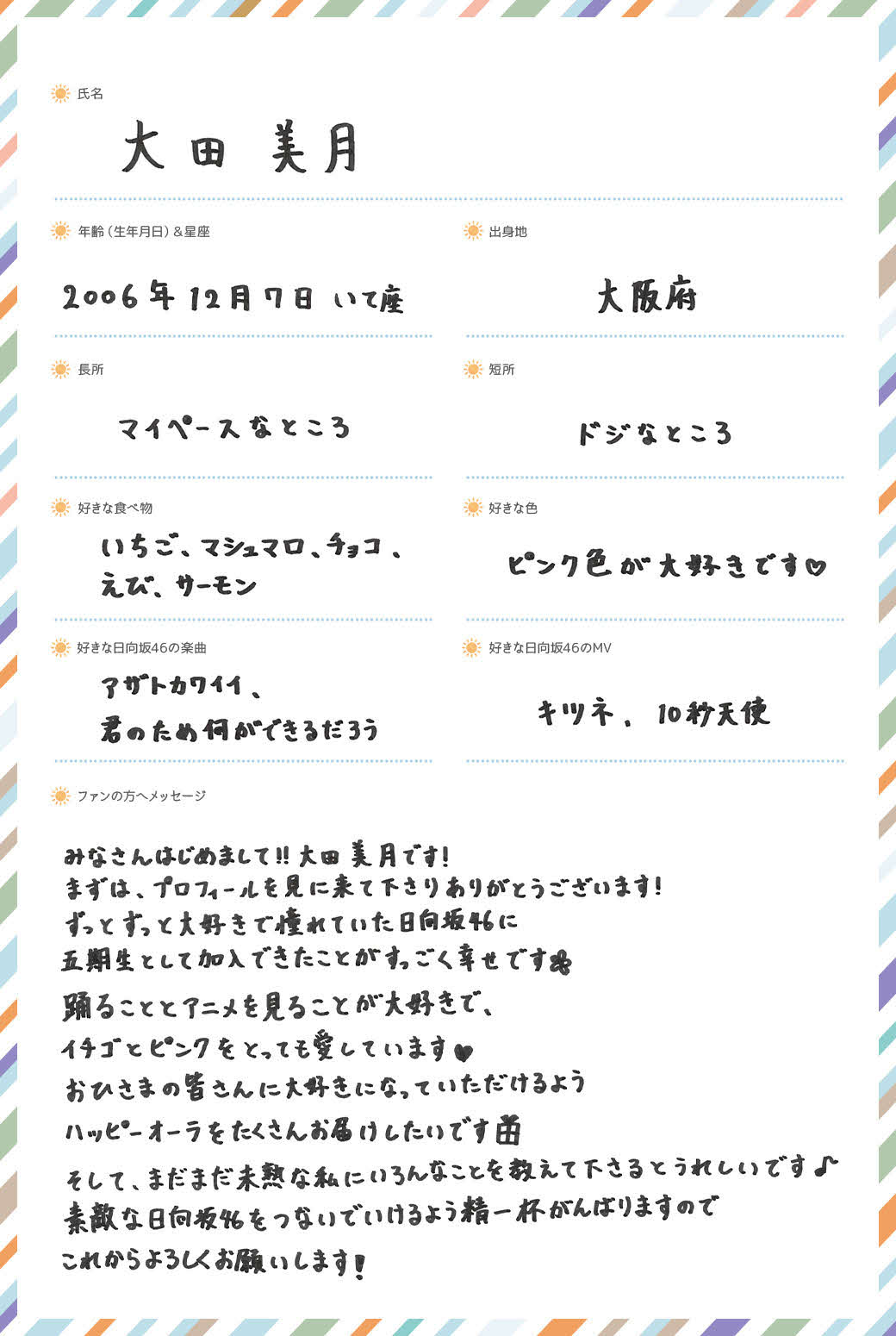 日向坂46に新加入した五期生、大田美月の手書きプロフィル