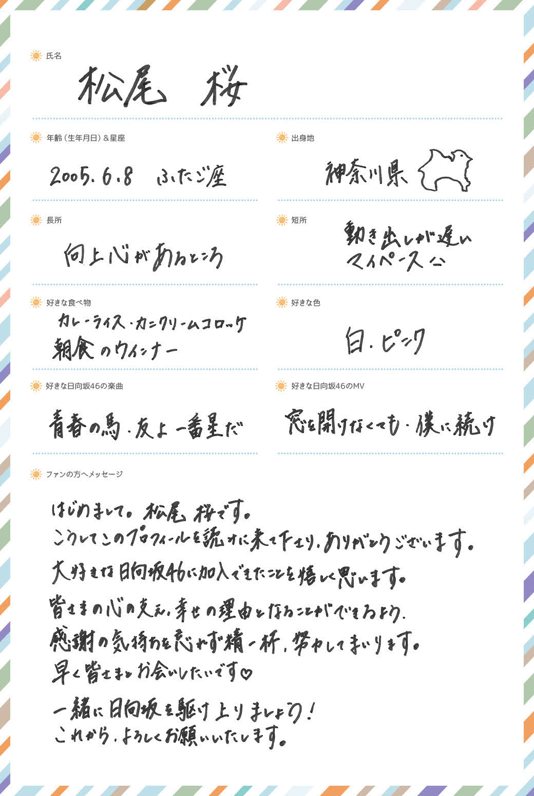 日向坂46に新加入した五期生、松尾桜の手書きプロフィル