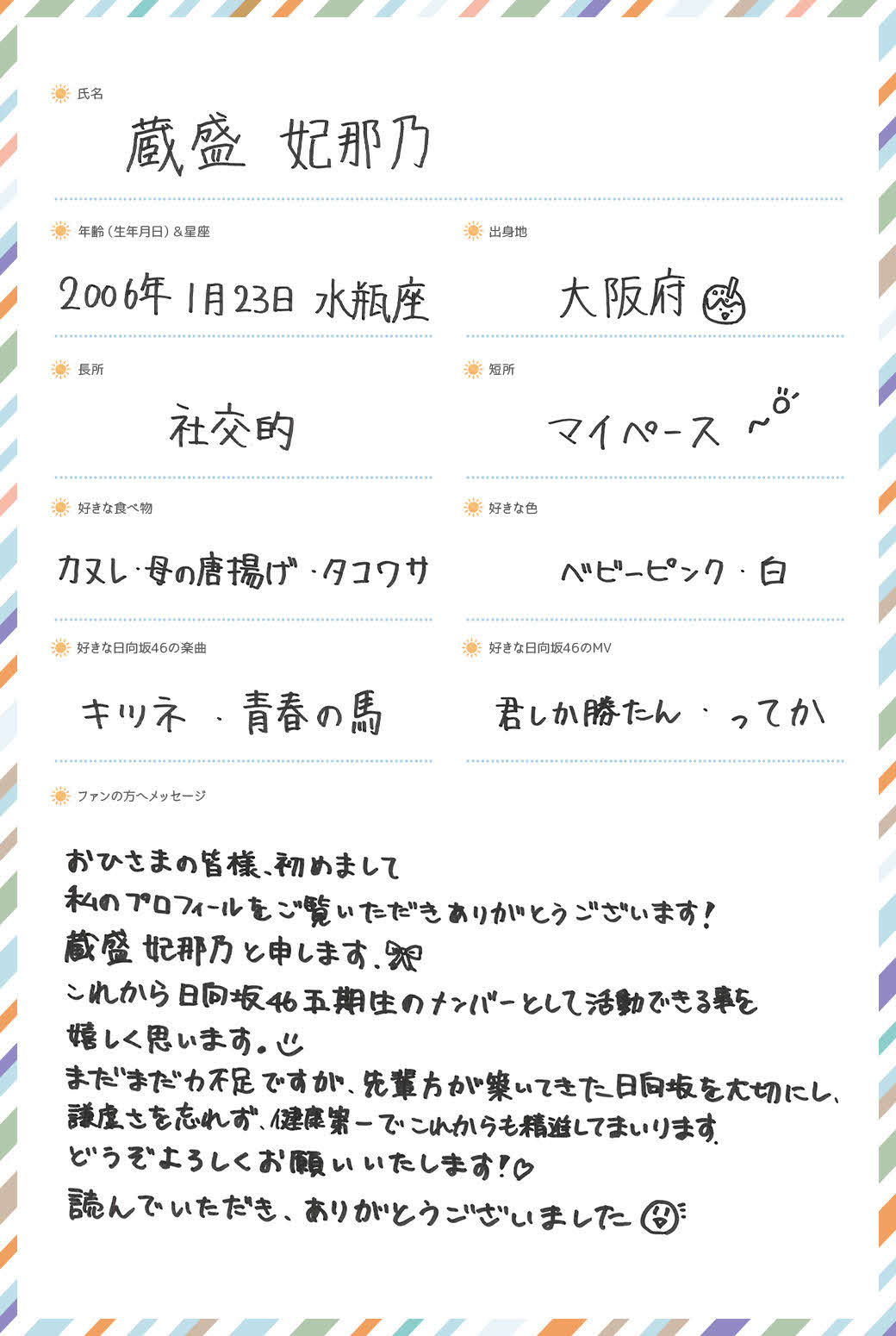 日向坂46に新加入した五期生、蔵盛妃那乃の手書きプロフィル