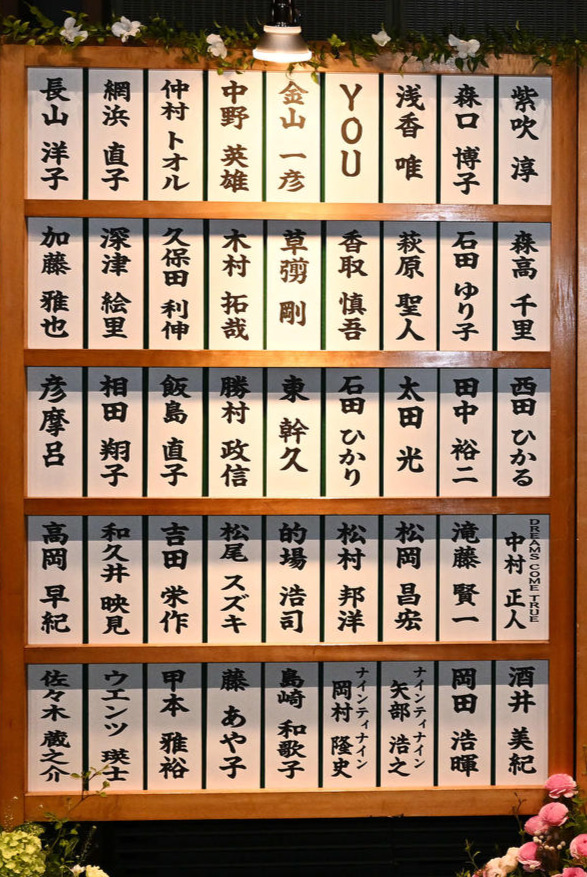 中山美穂さんお別れの会の会場に飾られた芳名板の一部。香取慎吾、草なぎ剛、木村拓哉、ナイナイ岡村隆史、矢部浩之らの名も