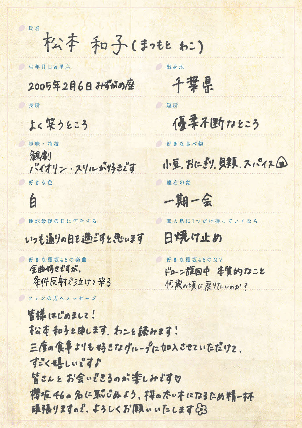 櫻坂46に新加入した四期生、松本和子の手書きプロフィル