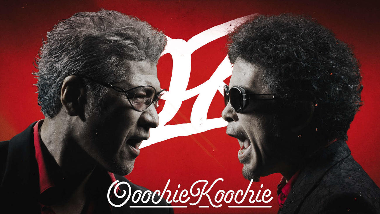 奥田民生（右）と吉川晃司のユニットOoochie Koochieの「OK」リリックビデオの一場面