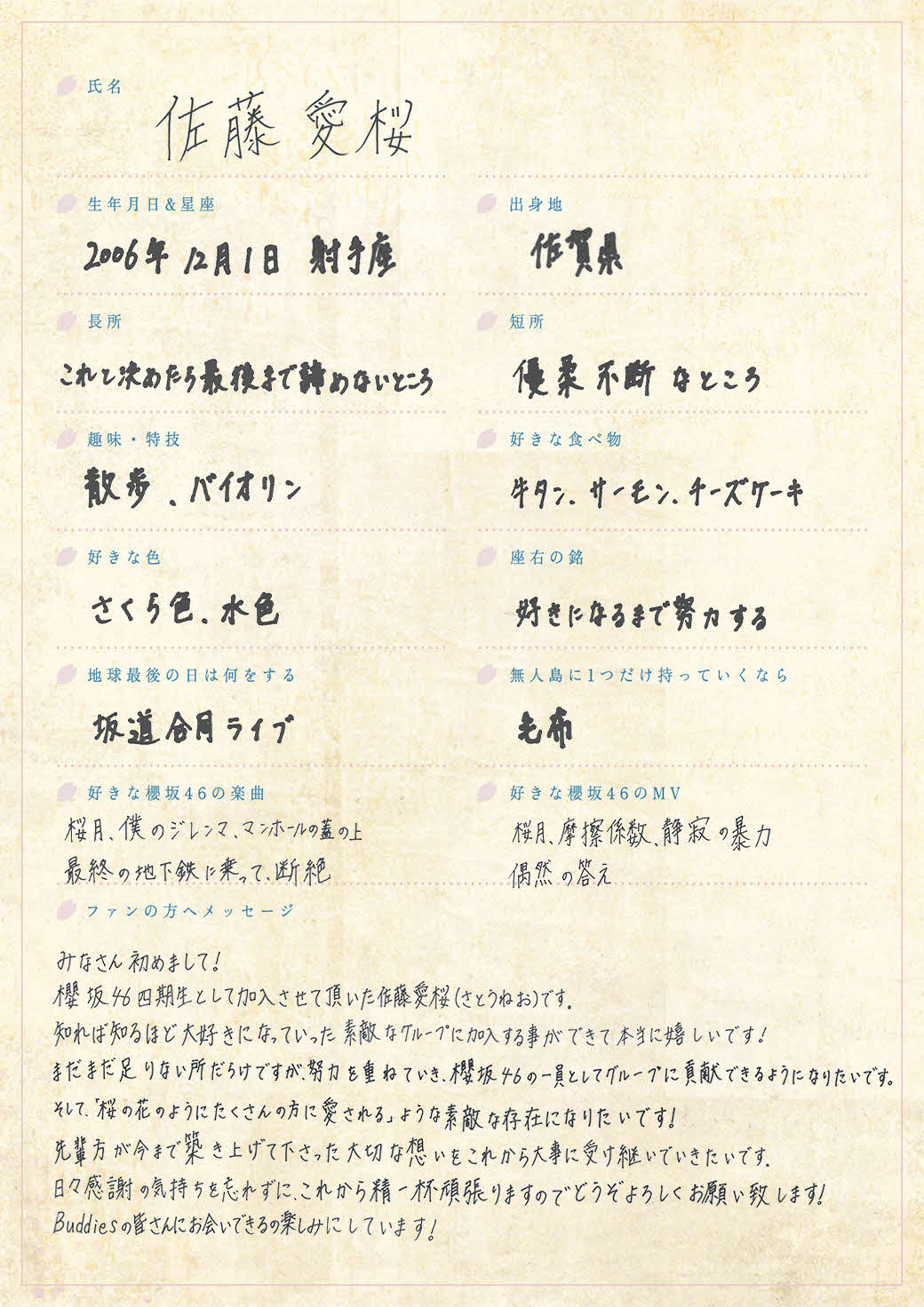 櫻坂46に新加入した四期生、佐藤愛桜の手書きプロフィル