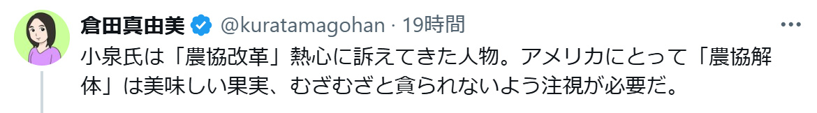 小泉進次郎氏の農相就任に言及した倉田真由美氏（Xから）