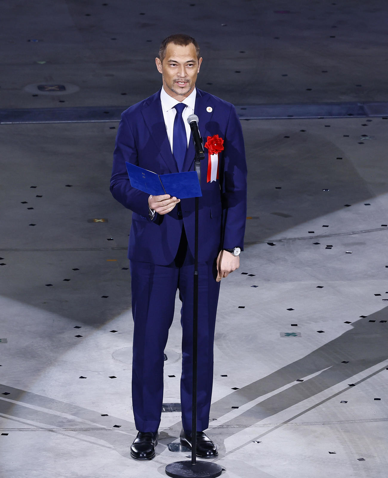 「IGアリーナ」開業式典であいさつするスポーツ庁長官室伏広治（撮影・藤尾明華）