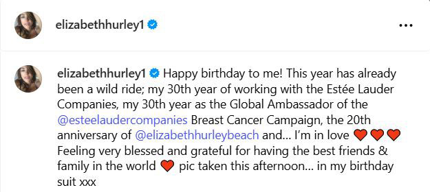 自身の誕生日を祝ったエリザベス・ハーレイ（インスタグラムから）