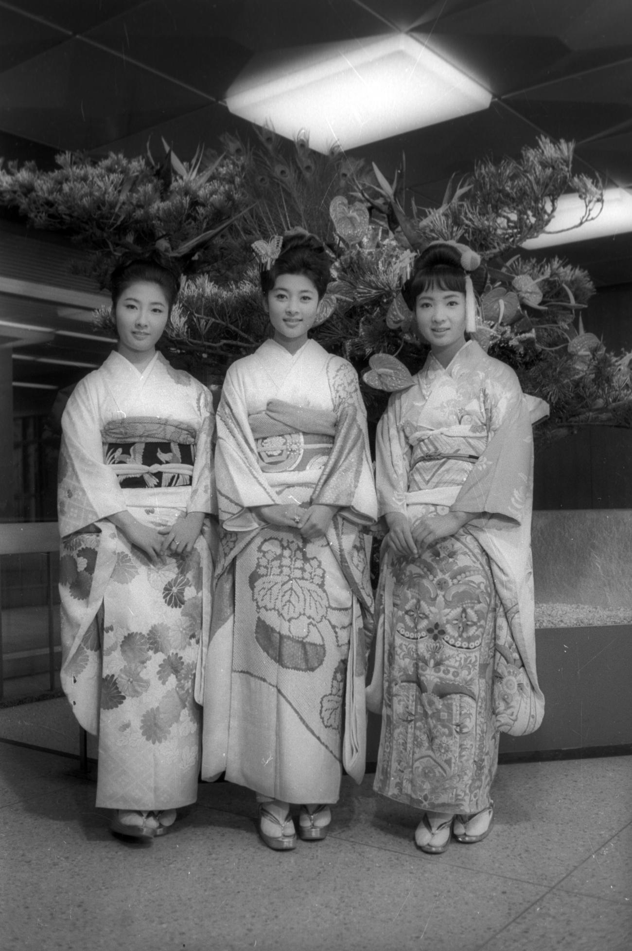 大映正月用スター晴れ着撮影会　左から藤村志保さん、高田美和さん、姿美千子さん
