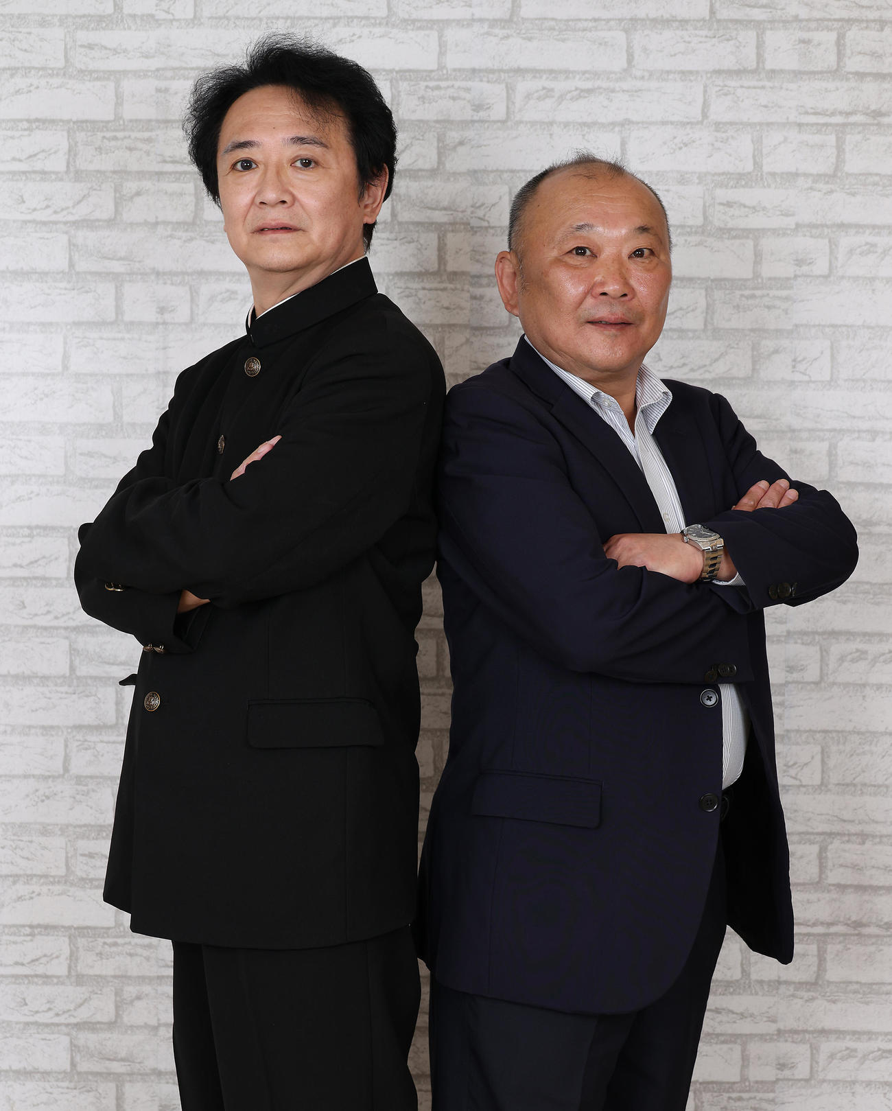 映画「還暦高校生」について語るひかる一平（左）と直江喜一（撮影・中島郁夫）