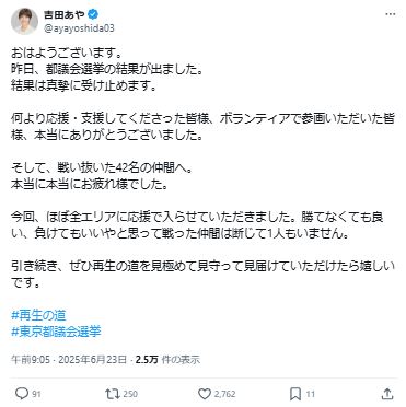 吉田あや氏のXから