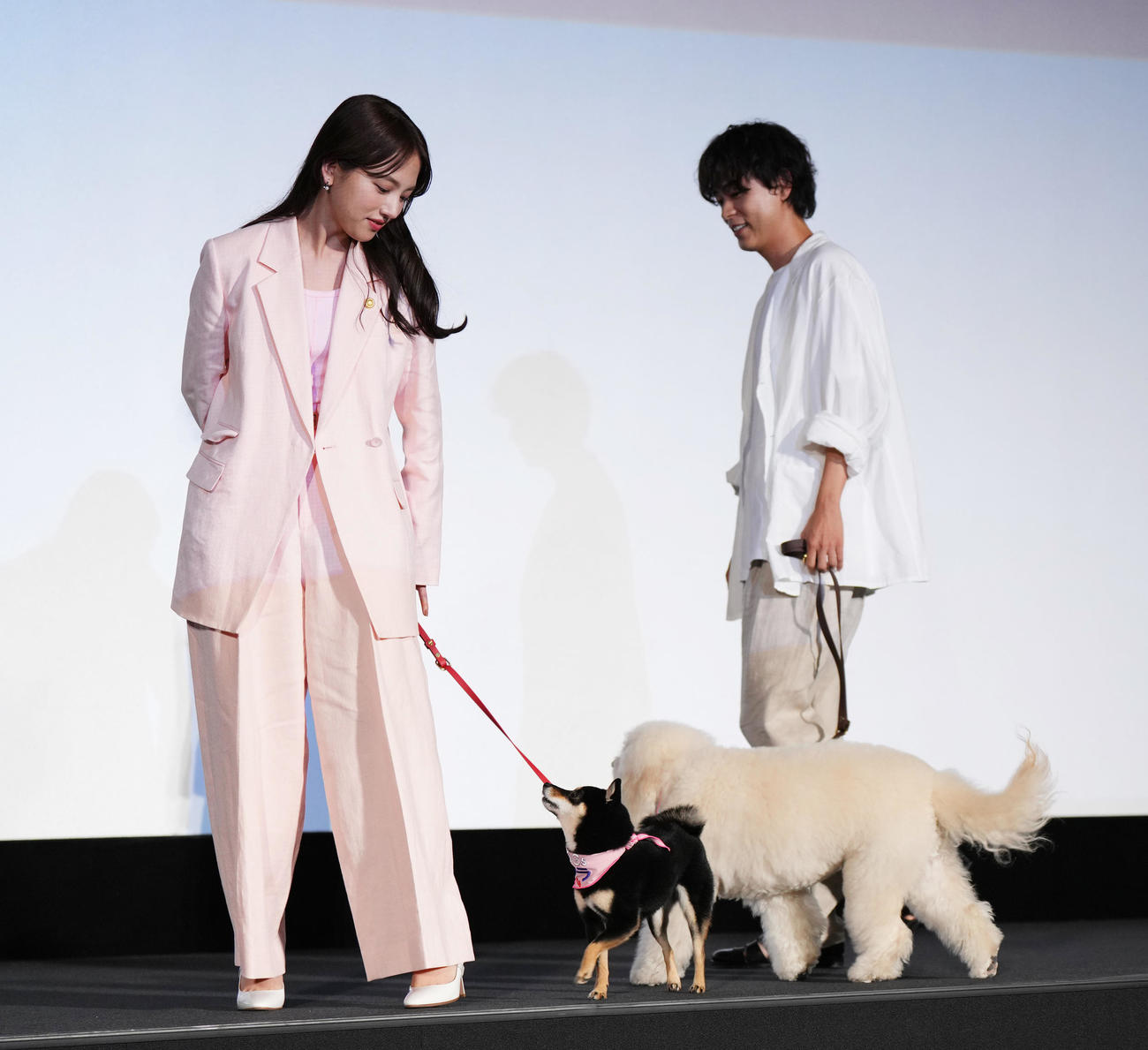 ドラマ「初恋DOGs」制作発表で出演したワンちゃんと登壇する清原果耶（左）と成田凌（撮影・菅敏）