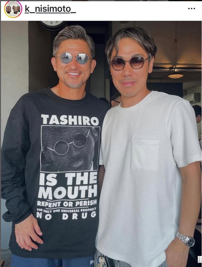 田代まさし氏のTシャツを着る三浦知良（田代まさし氏のインスタグラムから）